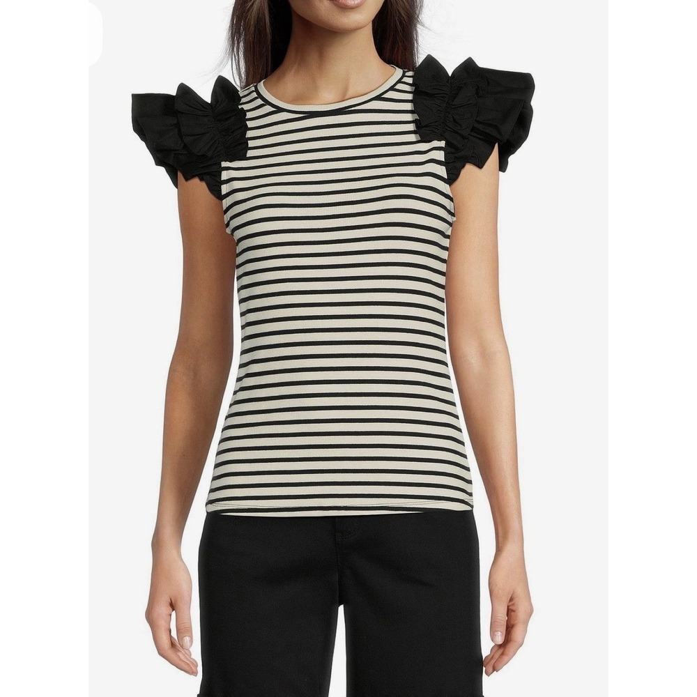 Gibson Latimer Women's Black and White Striped Ruffle Cap Sleeve Top S/M